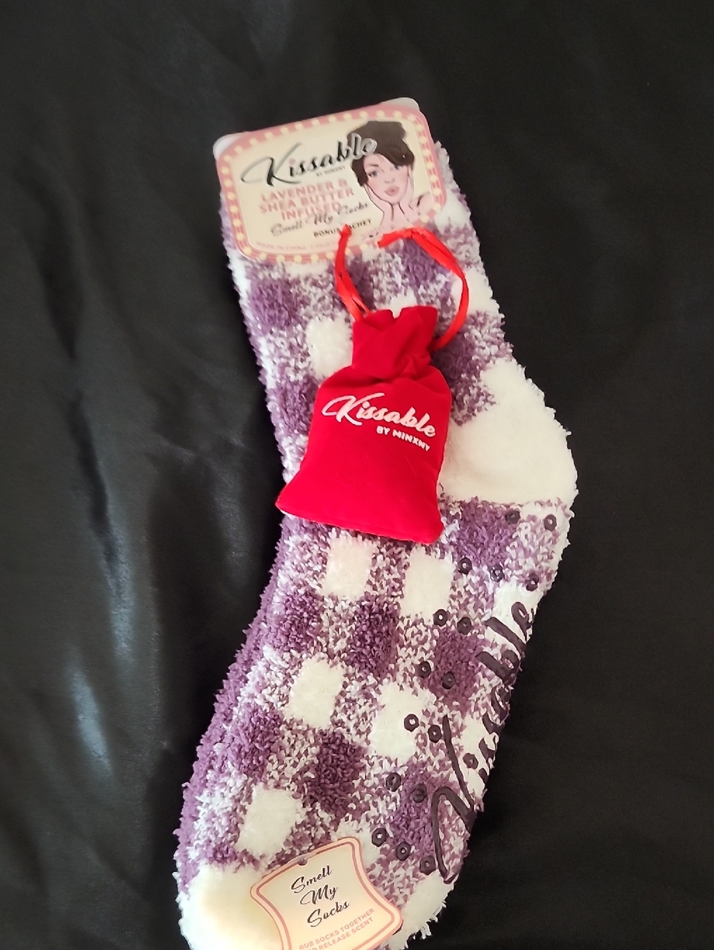 Kissable Lavender & White Cozy Socks with Red Scent Bag